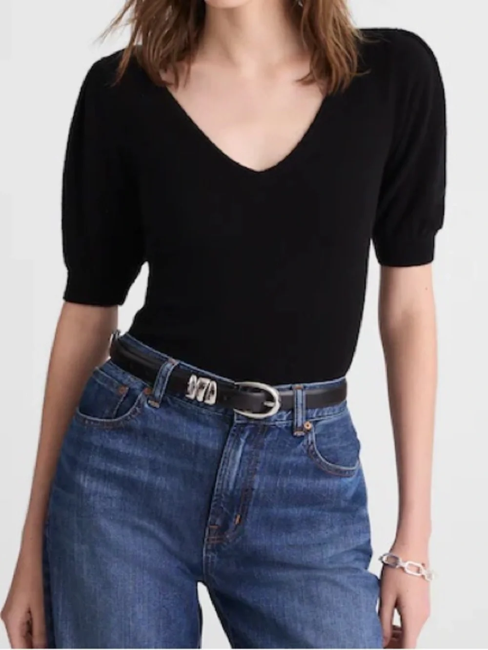 Madewell Cashmere V-Neck Puff Sleeve Sweater Tee 100% Cashmere Short Sleeve Top